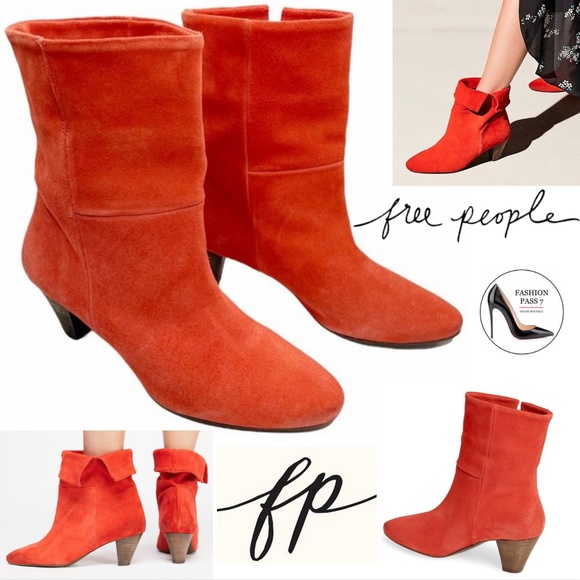 Free People Shoes - Free People Adella Red Suede Mid‑Calf Booties Almond Toe Fold‑Over Wood Heel 37